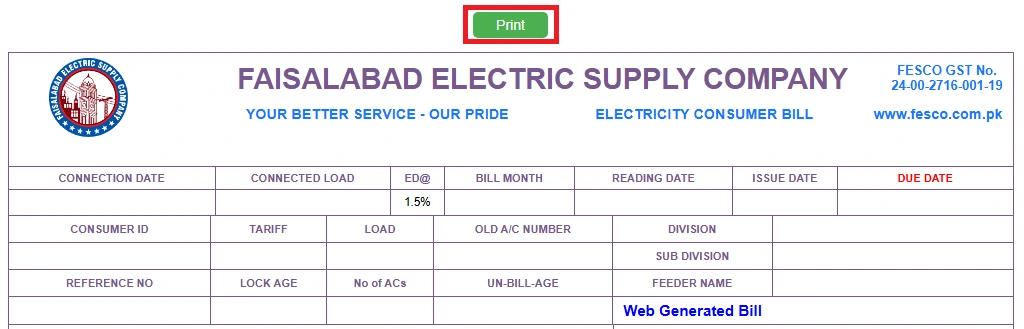 fesco online bill